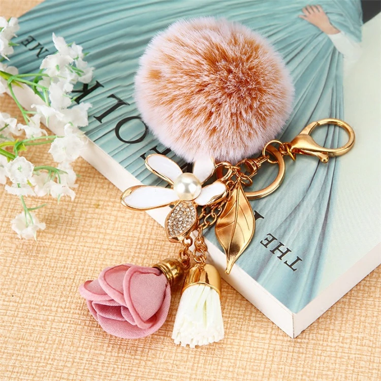 Korean Style Lovely Crystal Rhinestone Flower Bag Charm Fur Ball Keyring Fluffy pom pom Fur Ball Pendant Keychain
