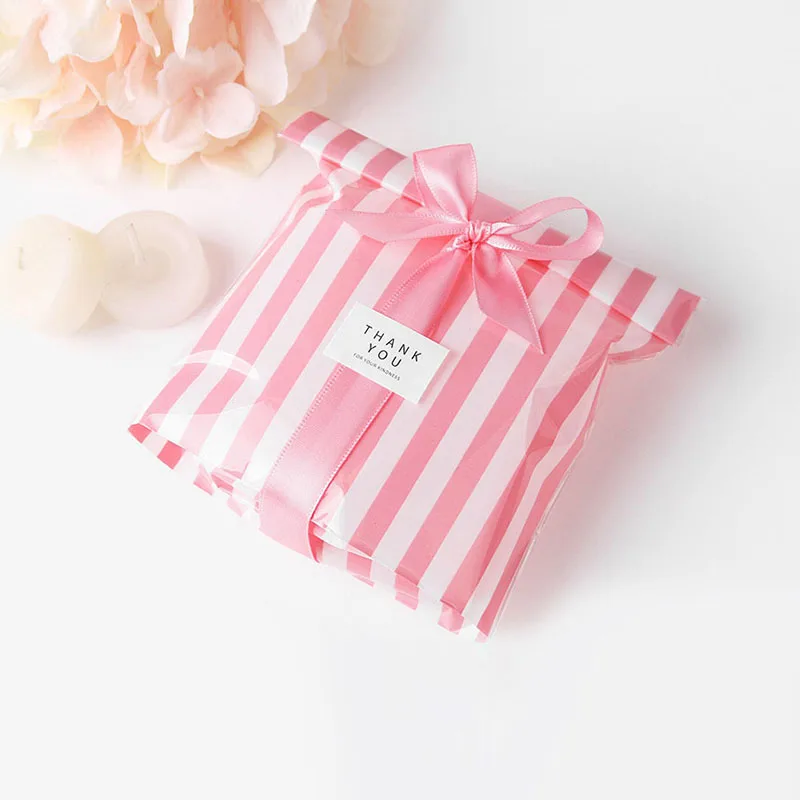 50 PCS Plastic Cheap Cute Bow Tie Stripe Baking Cookie Candy Wedding Gift Package Bags  14*20CM