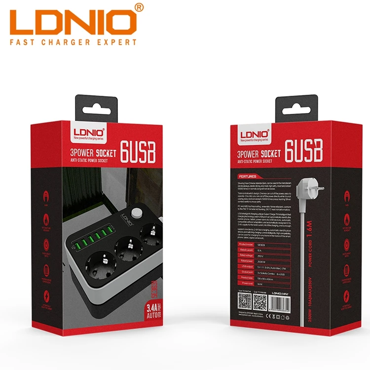 6 USB-портов и 3 евророзетки, проводная плата, Европейская розетка, удлинитель питания