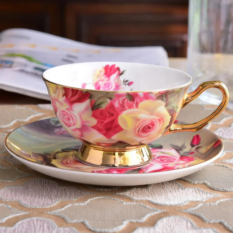 Elegant british floral ceramic tea cup and saucer for latte bone china coffee cups with dish