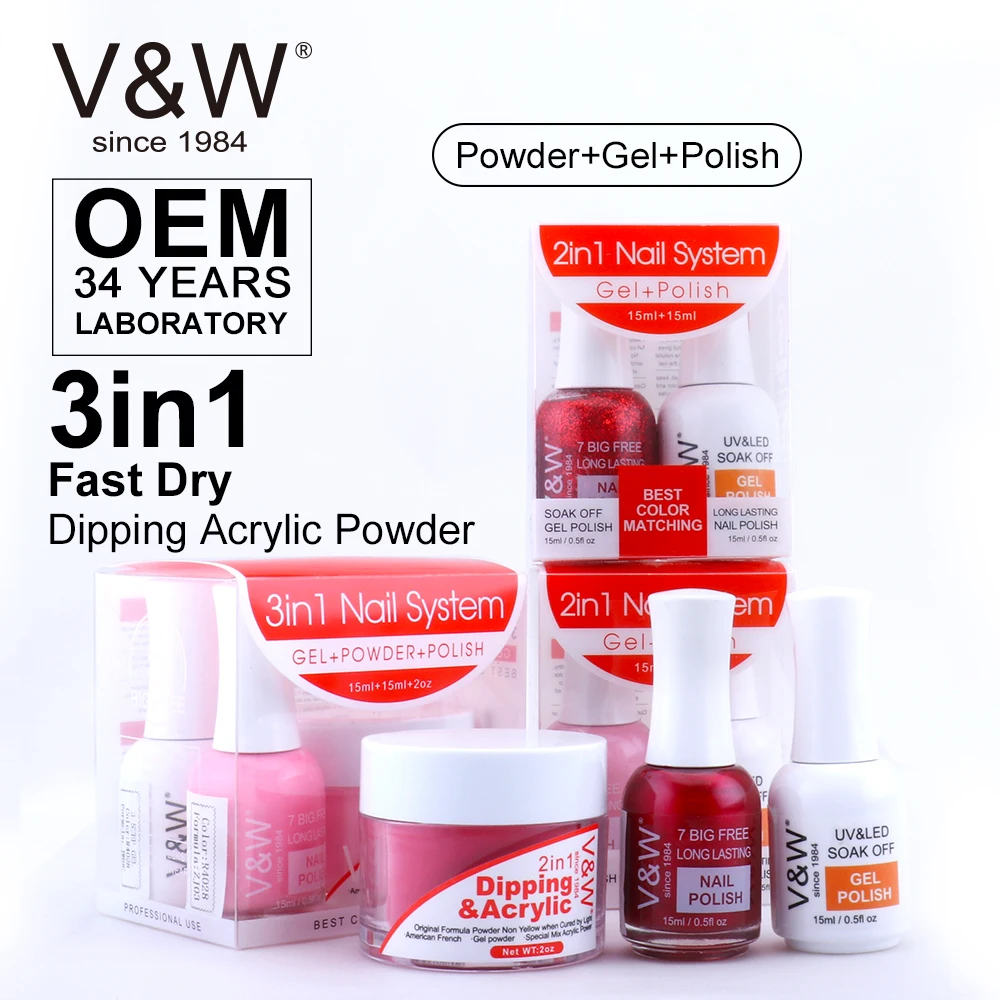 
V&W Brand/OEM Fast Dry Dipping Powder 3 In1 System Dipping +Gel+Polish starter kits 