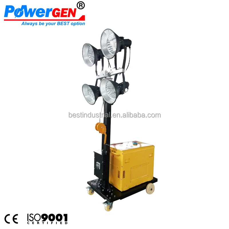 Cheapest Price !!! POWERGEN 50/60Hz Mobile Diesel Generator Tower 5KW 4.8m Metal Halide Lighting Portable Light Tower 4x250W