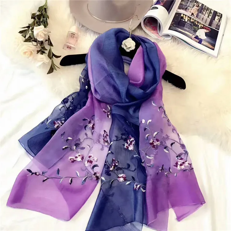 ZP wholesale lady long plain woven beautiful silk and wool hijab scarf flower embroidered