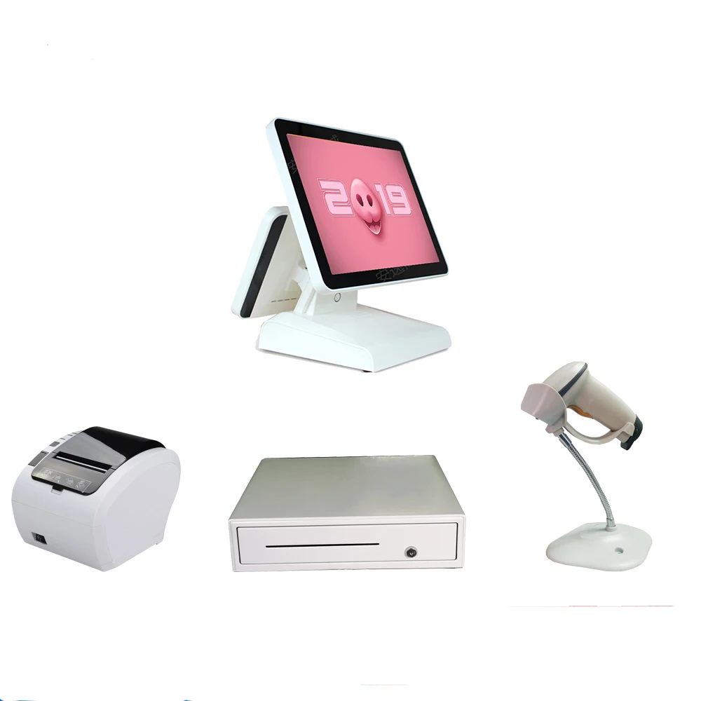 A Whole set of 15 inch dual screen pos all in one cash register pos system machine