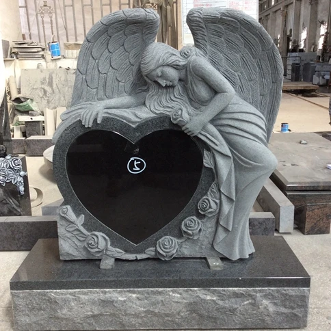 
customized best price chinese manufacturer modern Heart Shaped Carved Rose Weeping Angel Tombstones with shanxi black granite 