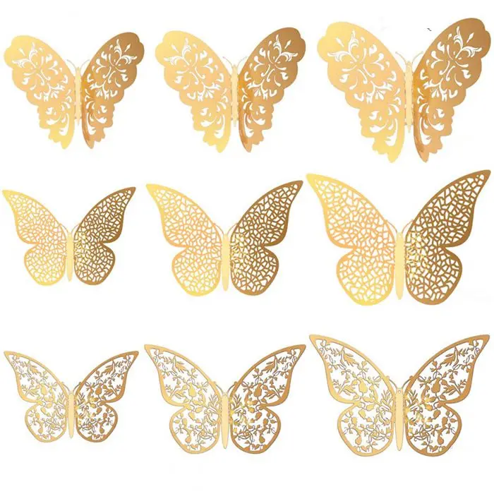 Gold Butterfly Decals Hollow-Out 3D Butterfly Stickers Glitter Art Murals for Wall or Party Decorations