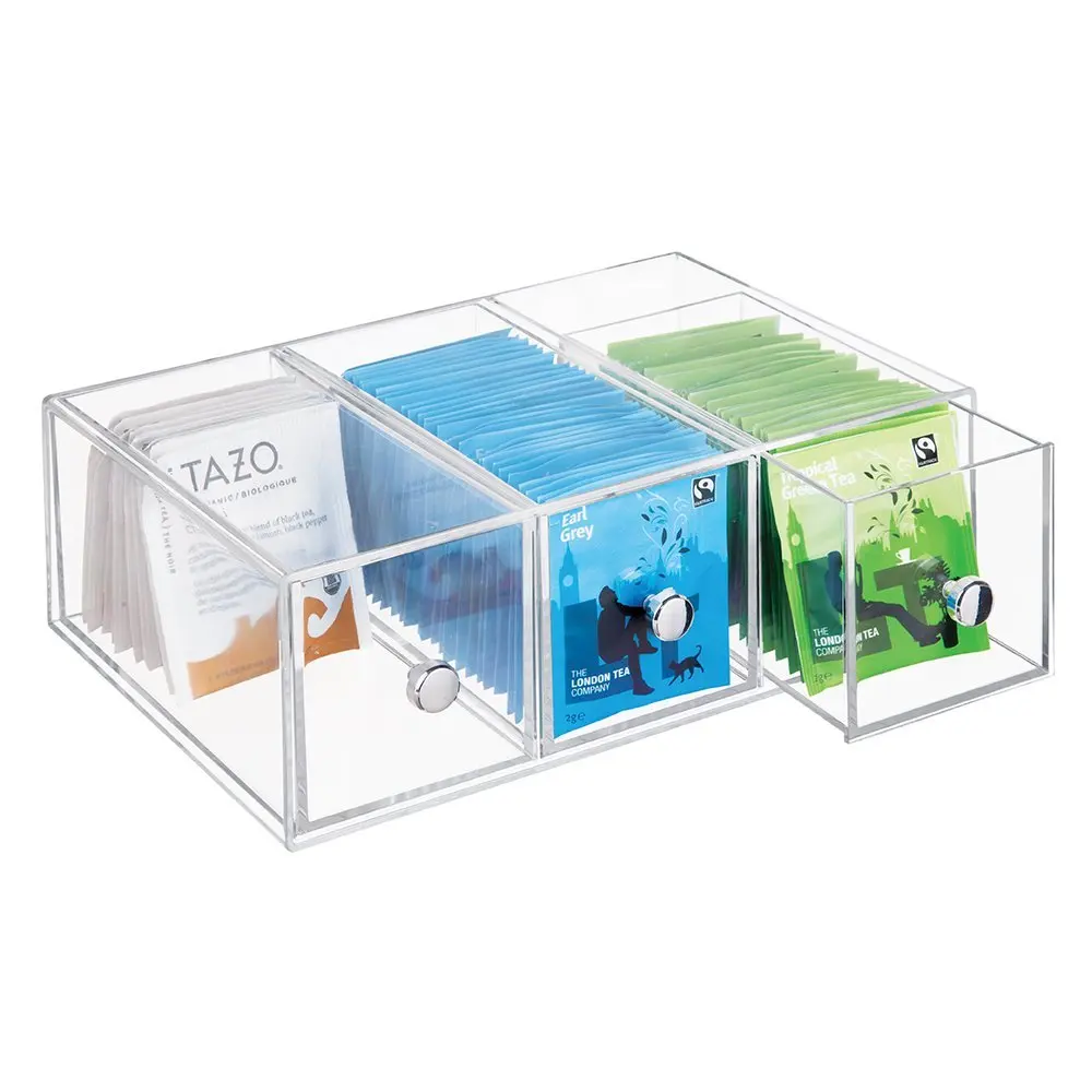 Clear Acrylic 3 Drawers Tea Bag Display Rack Sugar Salt Sweeteners Creamers Holder Coffee Sugar Bag Organizer