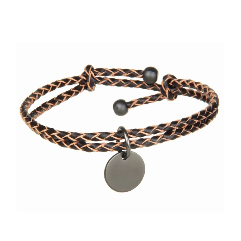 Fabulous Classic Double Strands Chinese Knot Genuine Leather Stainless Steel Disc Bracelet Blank