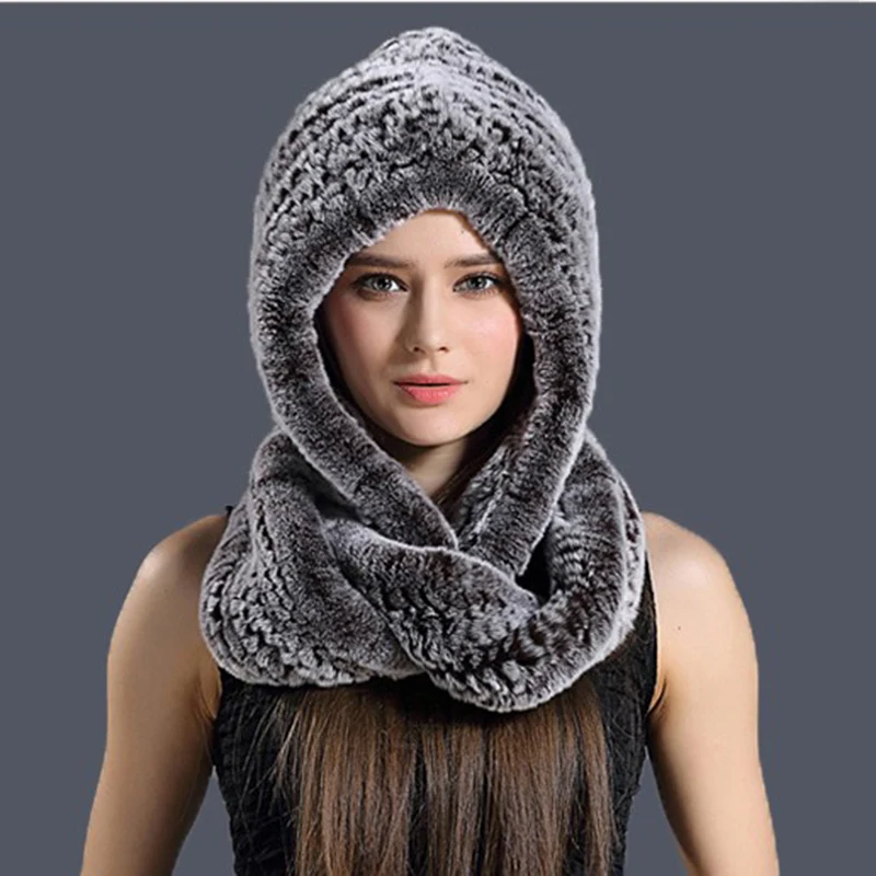 CX-C-142P Hood Scarf Knitted Rex Rabbit Fur Custom Russian Fur Winter Hat