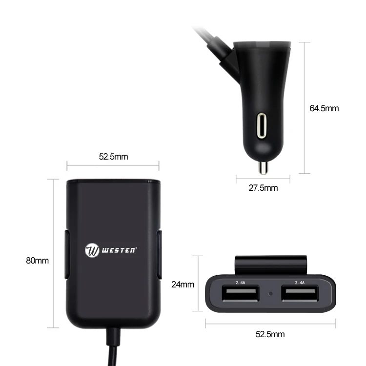
mobile phone use 4 port 9.6A front and back seat car charger with 1.8 meter dual hub cable for Android/IOS smartphone 