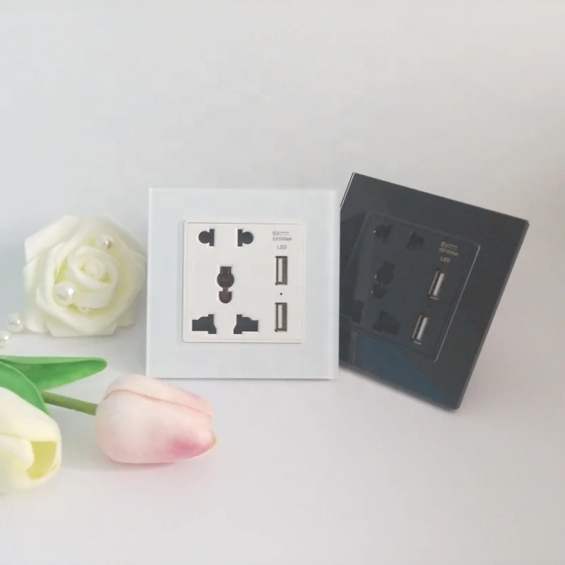 Crystal Tempered Glass Panel Universal 5 Pins Wall Outlet Socket 86 x 86 MM 13A 250V