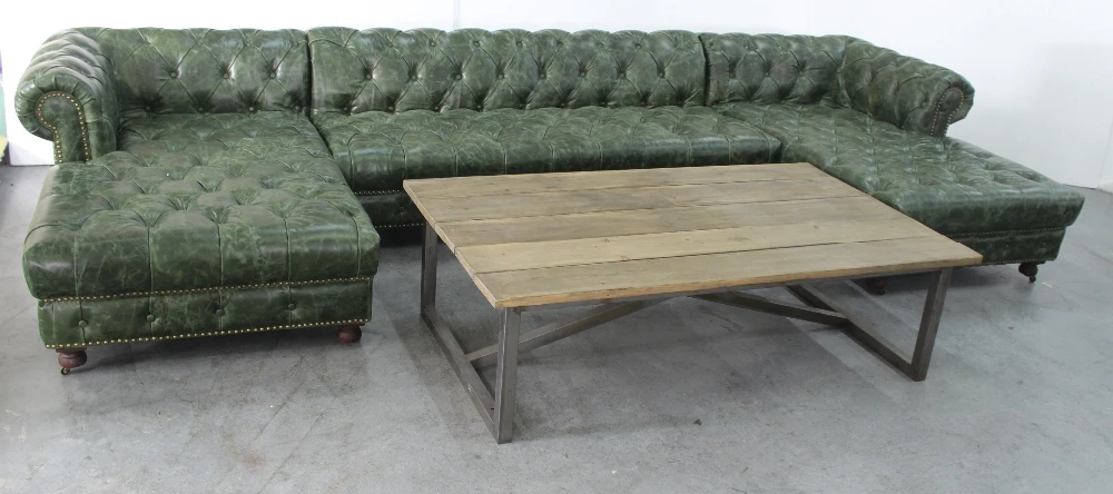 Antique green vintage leather button tuft chesterfield couch