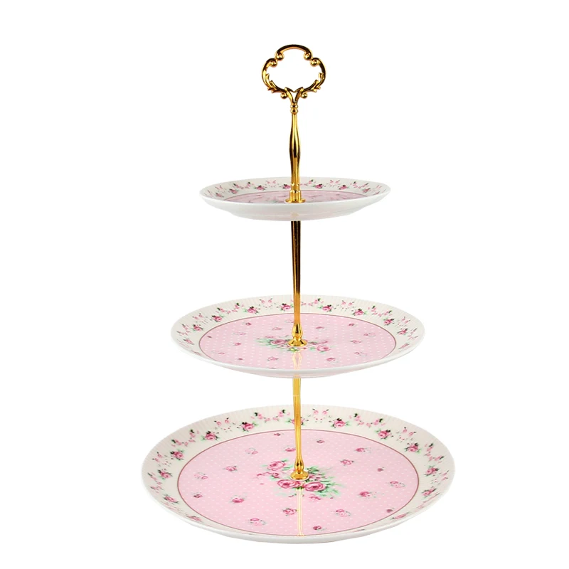 3 layer ceramic fruit & cake plate colored bone china cake stand