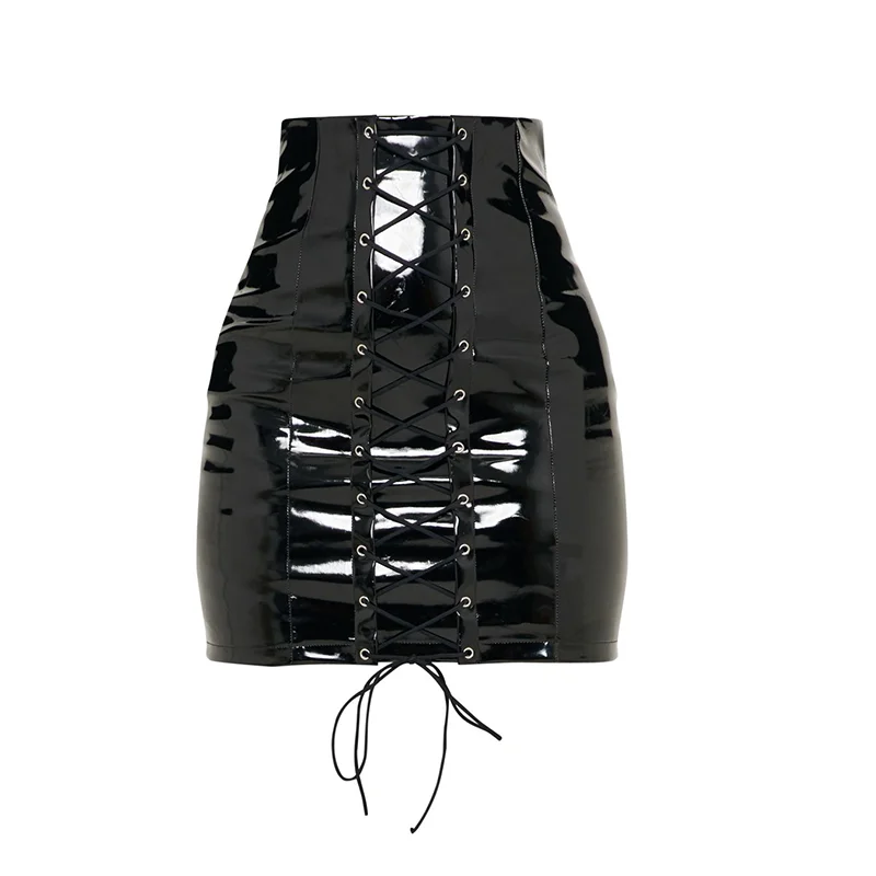 Black Vinyl Lace up Mini Skirt Faux Leather A-line 100% Polyurethane New Style Sexy & Club 2019 Lady for Women Adults
