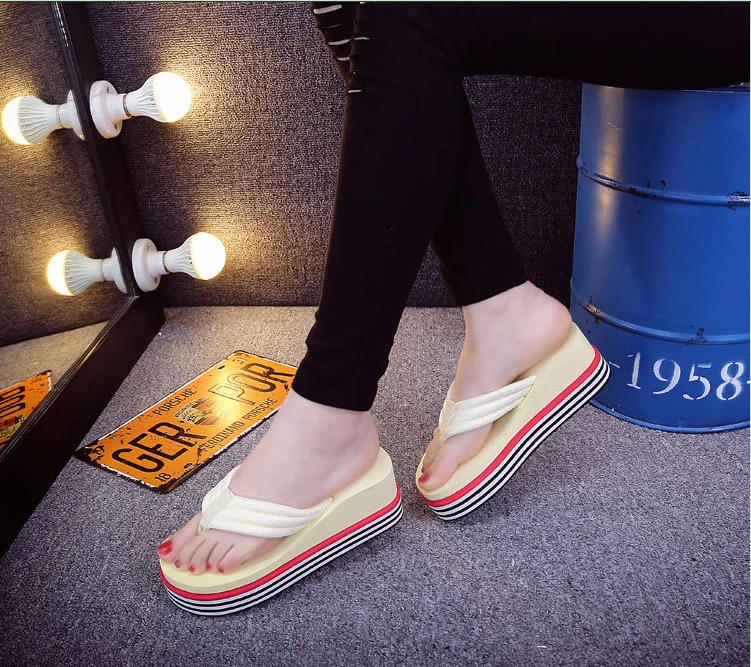 New bow high-heeled flip-flops for summer stylish beach slope slippers with platform soles