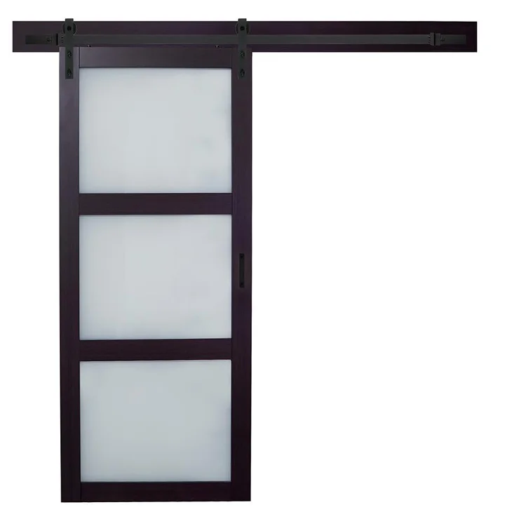 Luxury Single Walnut Wood Frame Three Glass Panel Sliding Doors