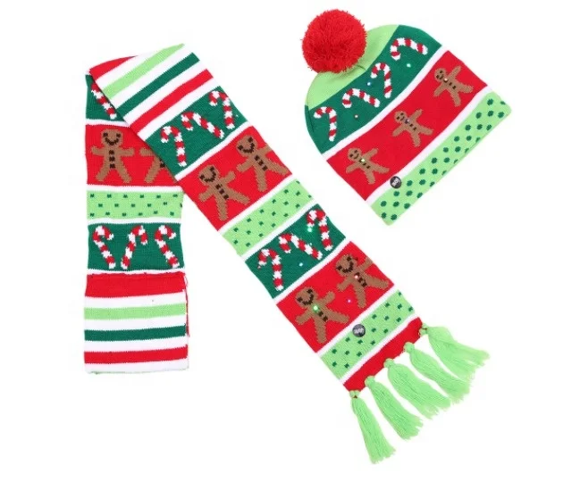 Kids Christmas Jacquard Knit Beanie Hat and Scarf with LED Lights (62012808403)