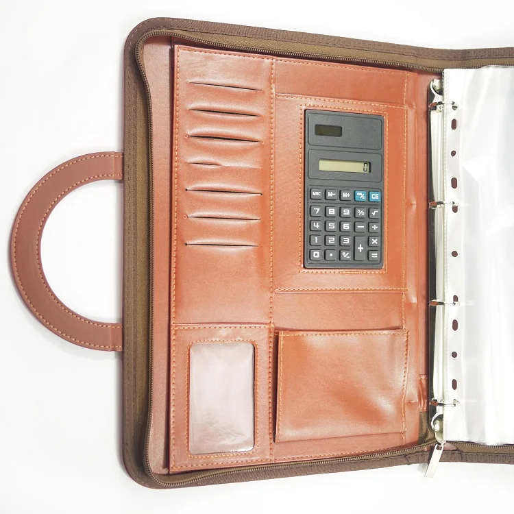 
Zipper PU leather Conference Folder with card holder with calculator, Compendium Business Portfolio File Folder for Meetings 