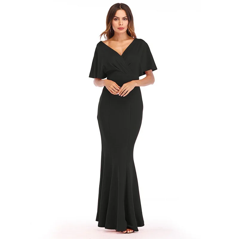2018 Hot sale solid simple but elegant short sleeve women Maxi long evening dresses