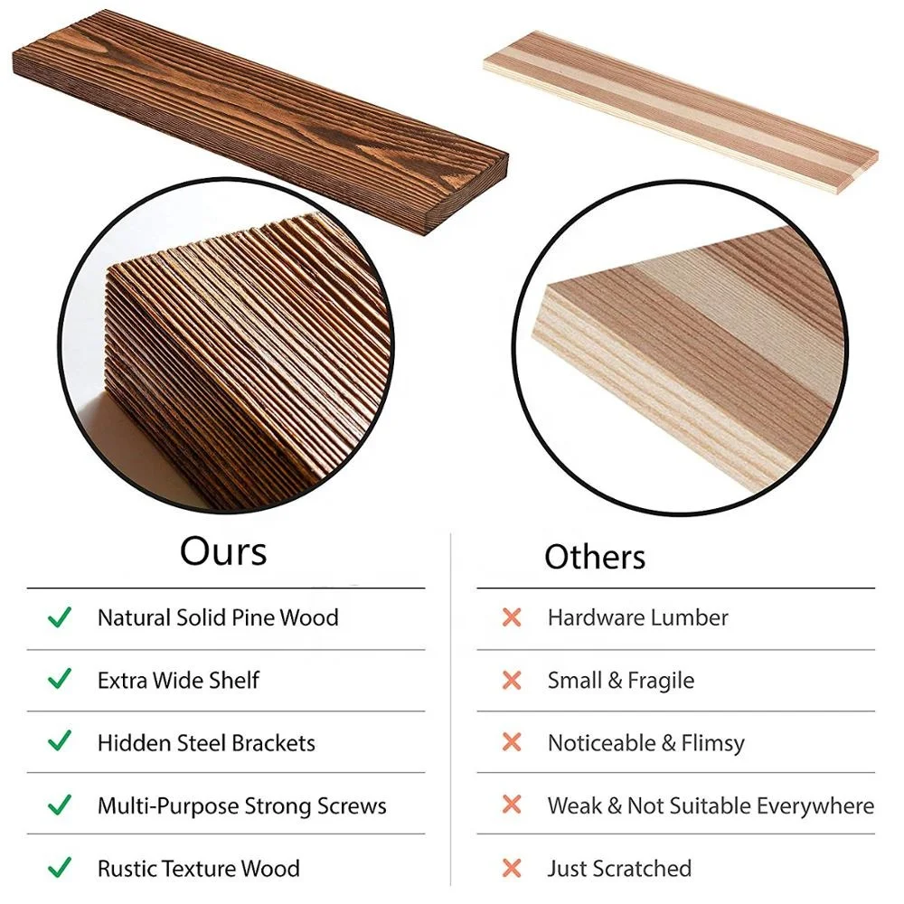 Set of 2 with hidden invisible T-shaped Brackets Rustic Russian Pine Wood Wall Decor Wooden  Floating Shelves