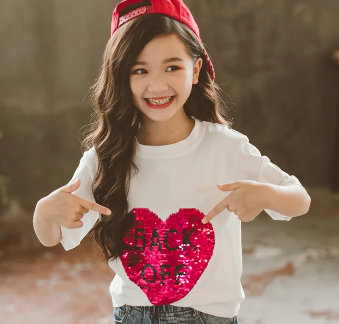 
YY10009G Hip-pop sequin front t shirt dancing clothes girls reversible sequin t-shirt 