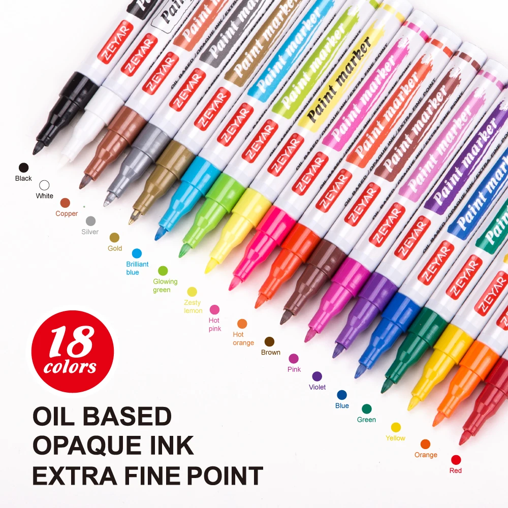 ZEYAR Oil  based Paint Pen Set Extra Fine Point Nylon Tip, 18 colors, permanent& waterproof ink (60716211824)