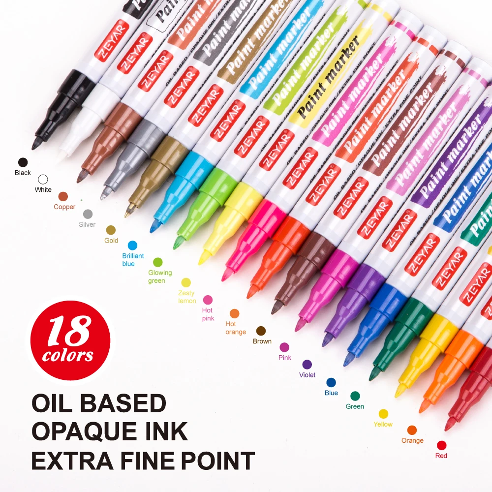 ZEYAR Oil- based Paint Pen Set Extra Fine Point Nylon Tip, 18 colors, permanent& waterproof ink