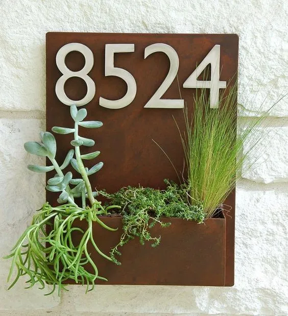 Unique corten steel metal wall mounted flower pot with modern address number plaque
