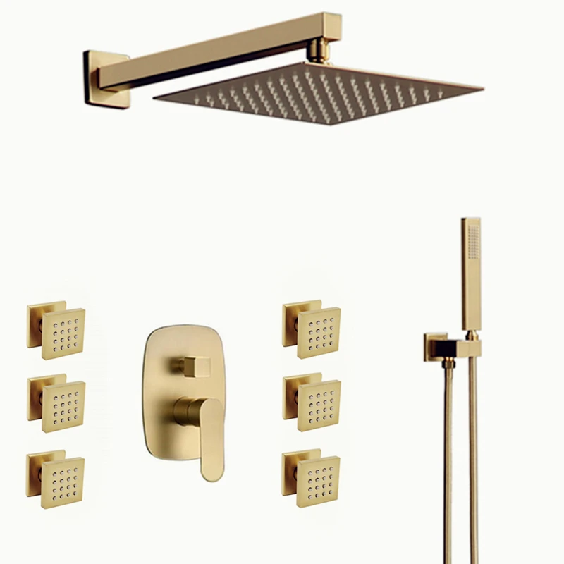 Brushed Gold Shower Systems with Body Sprays Brass Strong Flow Concealed bathroom shower system