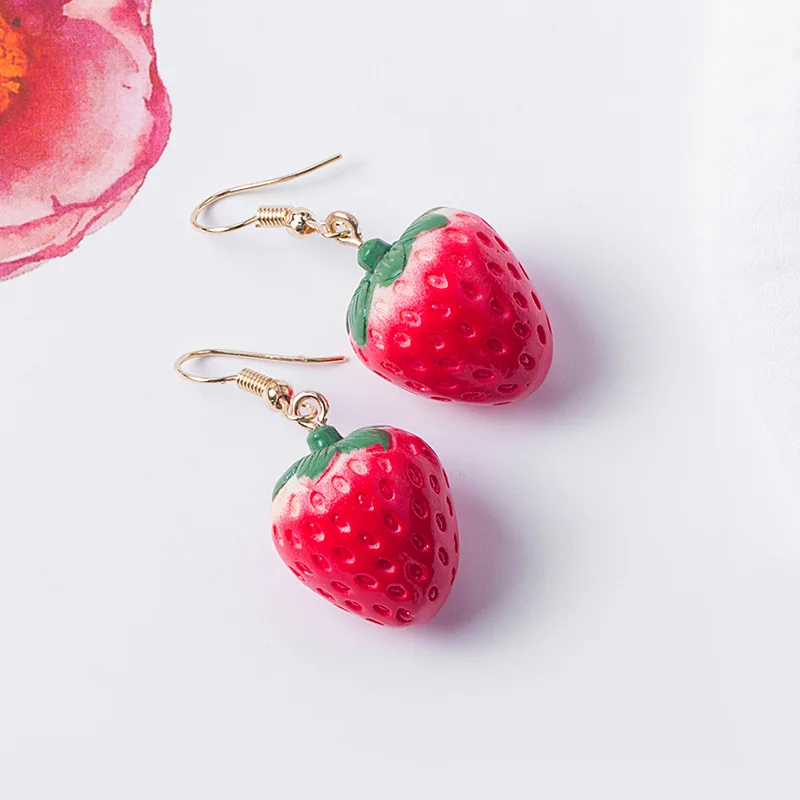 Korean Creative Simulated Strawberry Ear Hole-free Ear-clip Net Red ins Interesting Fruit Mixed Batch Long Acrylic Earrings Fema