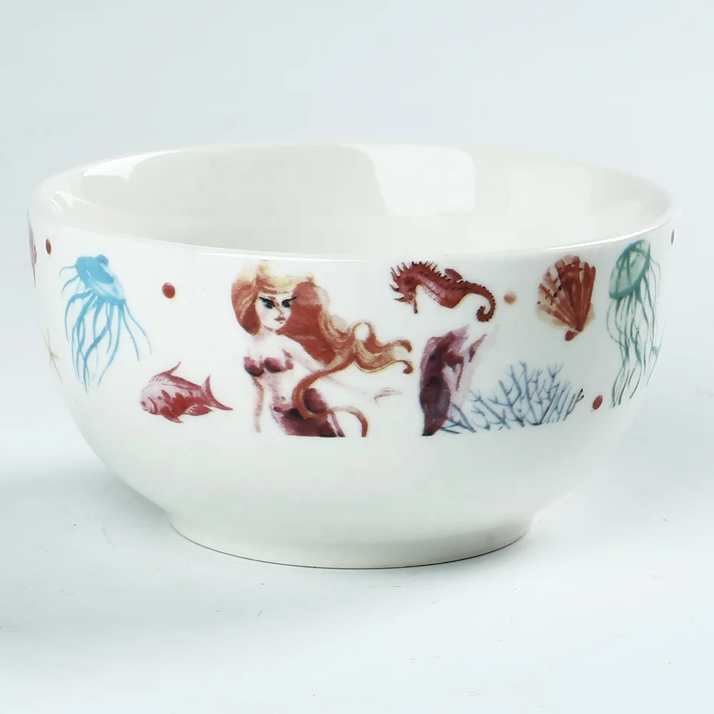 Food Grade Fish Printed Deep Salad Bowls Personalized Ceramic Cereal Bowl