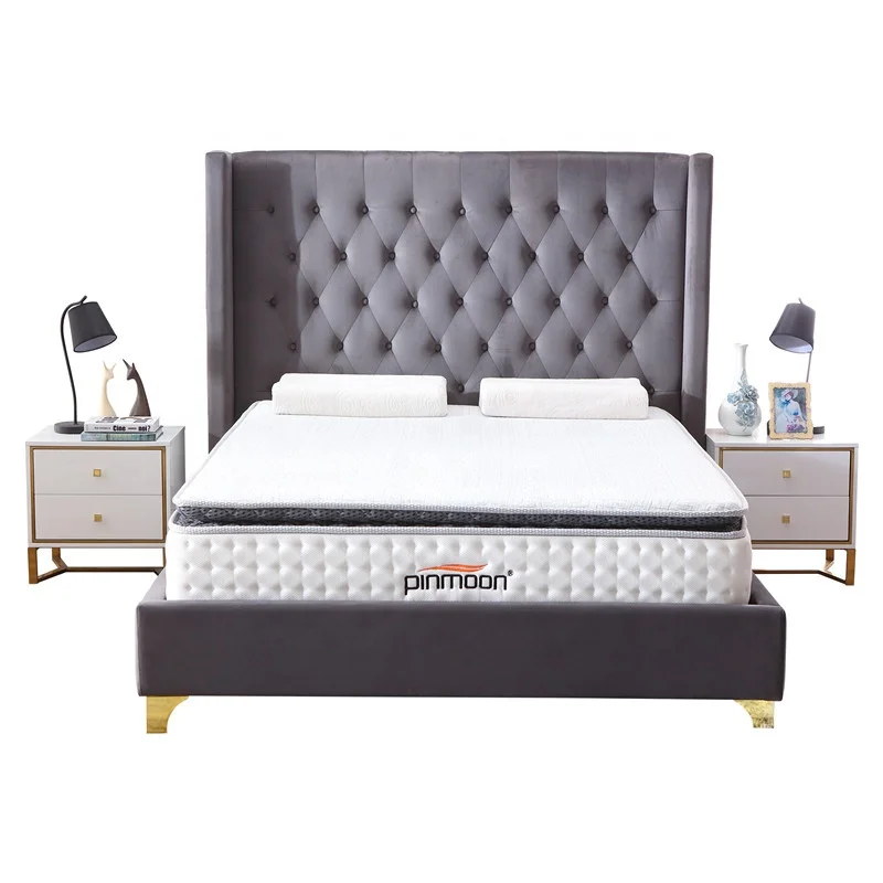 Foshan furniture velvet face tufted headboard king size hotel bedroom bed