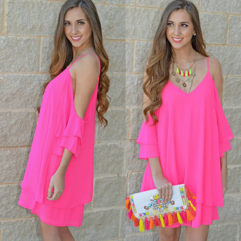 Горячая Распродажа, летнее крутое розовое платье с открытыми плечами и открытой спиной, красивое женское свободное платье