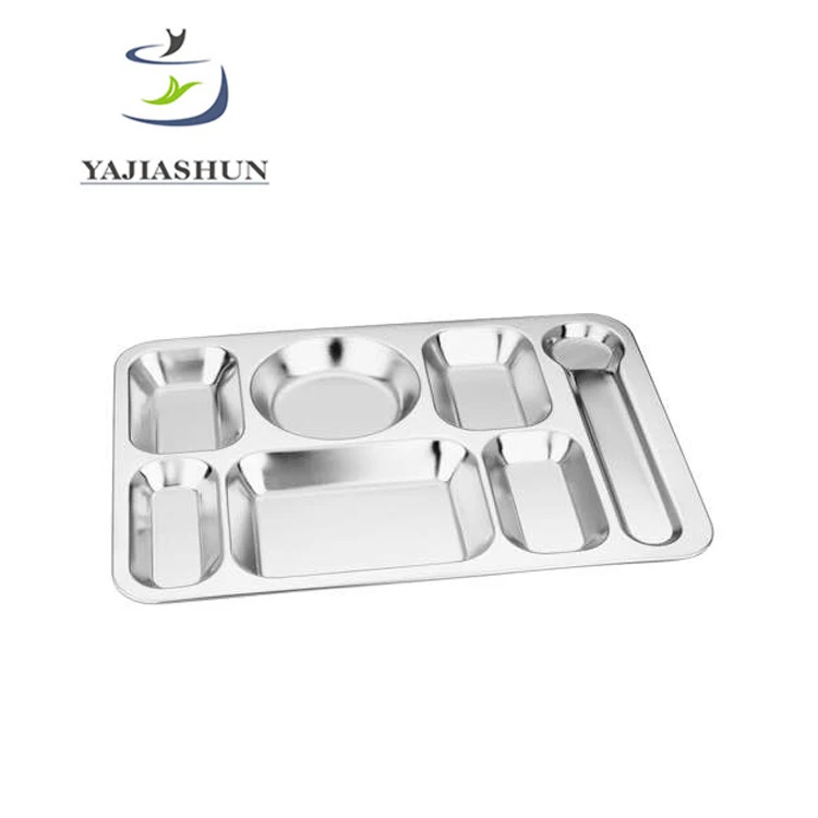 Indian Wholesale Rectangular Stainless Steel 201/304 Canteen Fast Food Tray Luxury 7 Compartment Divided Dinner Plates