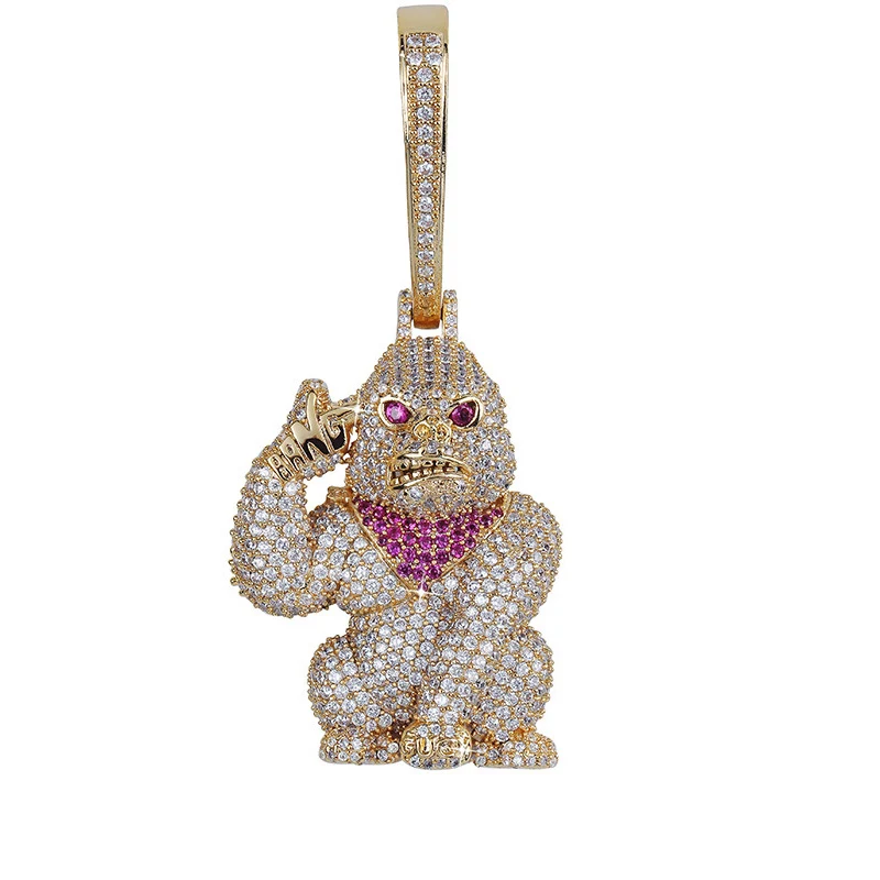 New Real Hiphop High-end 18k Solid Gold Plated Iced Out Lab Diamond CZ Gorilla King Kong Pendant Necklace