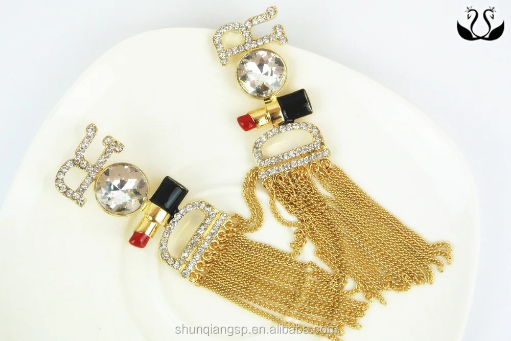 Hot Selling 5.3cm Letters Inlay Crystal Long Tassel Vintage big elegant gold earrings designs