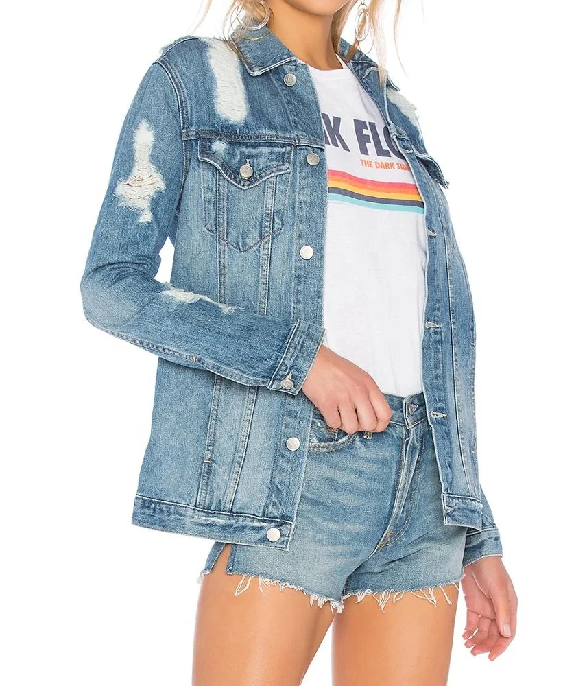 Jeans denim jacket women ripped Buttoned sleeves casual jacket