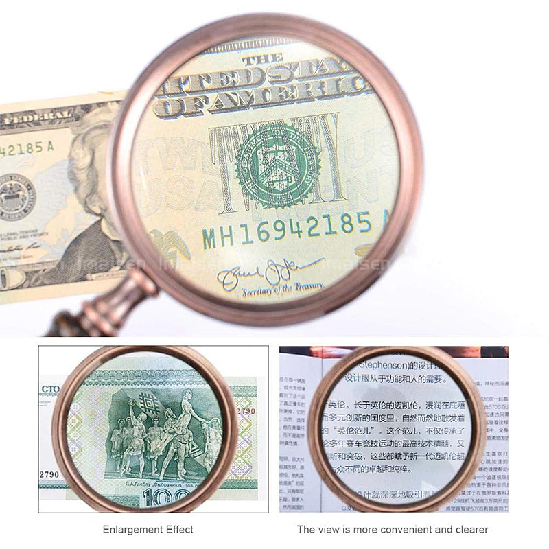 Metallic Wooden Handle Vintage Reading Magnifier High-end Handheld Optical Glass Magnifying Glass, Bronze 10x Magnifier