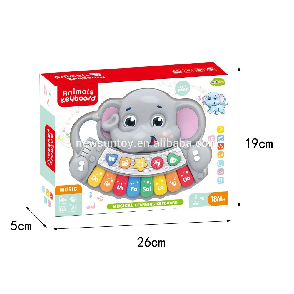 Wholesale educational cartoon elephant musical piano  keyboard electronic organ set musical instrument toy with music and light.