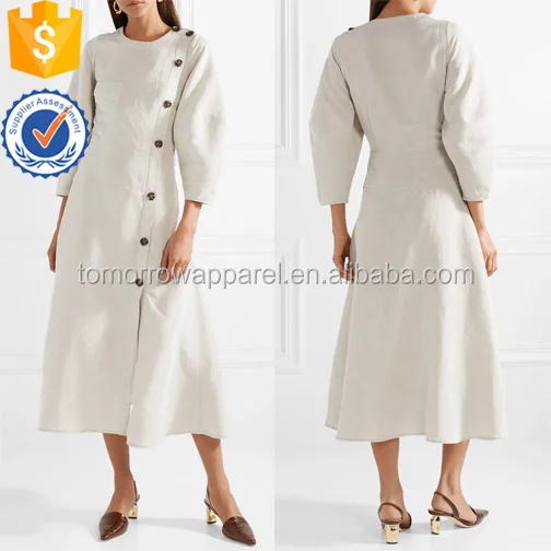 
White Canvas Linen Three Quarter Length Sleeve Midi Summer Dress Manufacture Wholesale Fashion Women Apparel (TA0201D) 