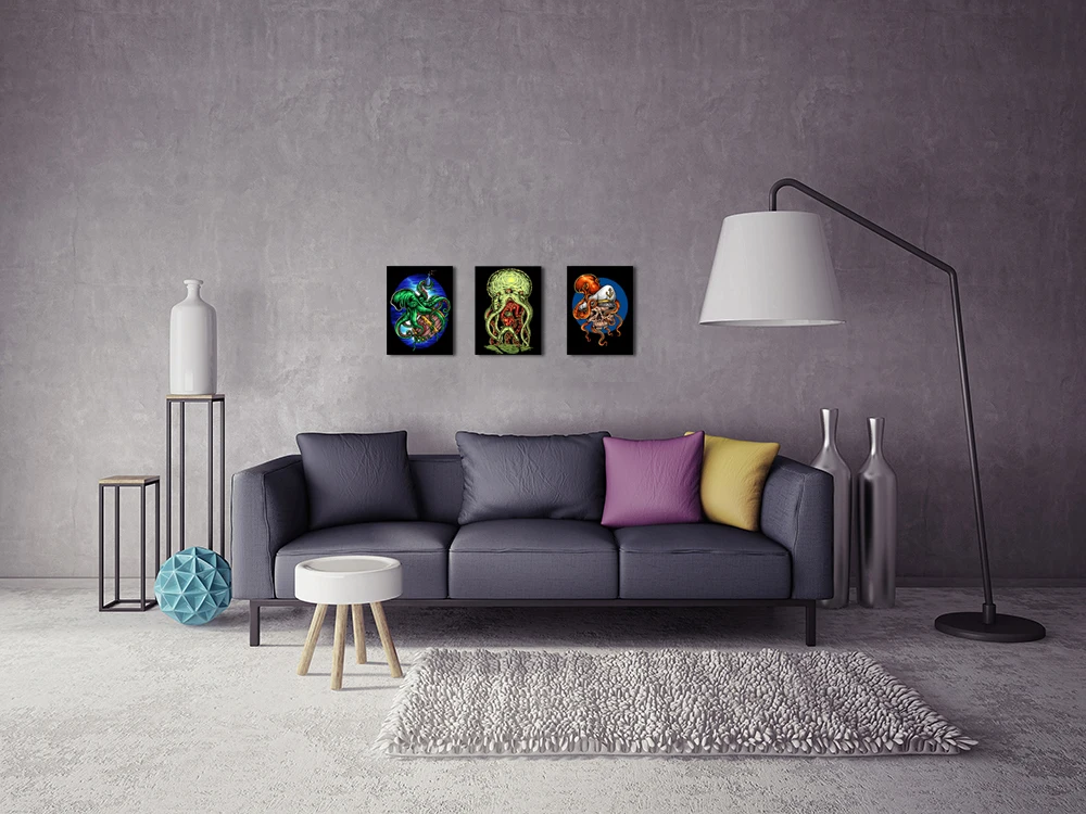 Octopus Tentacles Cool Posters Canvas Prints Beer Barrel Bottle in The Deep Blue Sea Boys Room Decor (12x16inchx3P