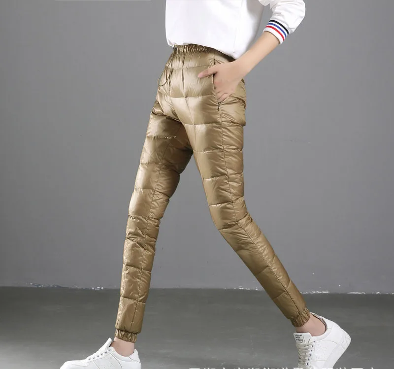 Custom logo outdoor nylon long winter white duck down filled pants women