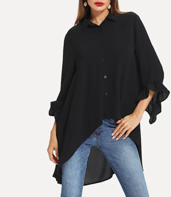 Special cutting ladies ruffle French cuff high low three quarter 3/4 length sleeve shirts for mature women tops and blouses