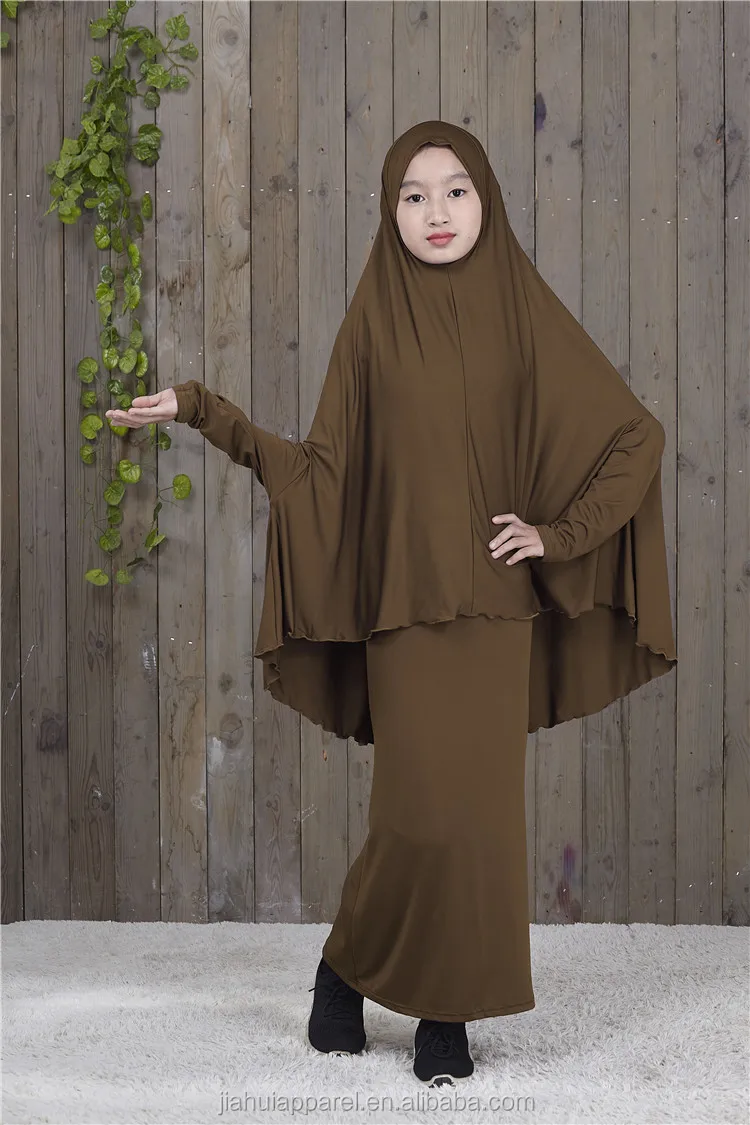 Wholesale Solid Color Muslim Kids Overhead Jilbab Two Piece Hijab Abaya Khimar Headscarf Prayer dress