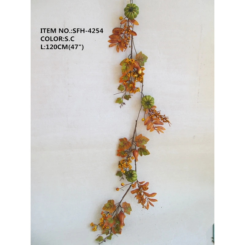 120CM Artificial Pumpkin Orange and Green Maple Leaves and Berry Fall Archway Wreath Garland