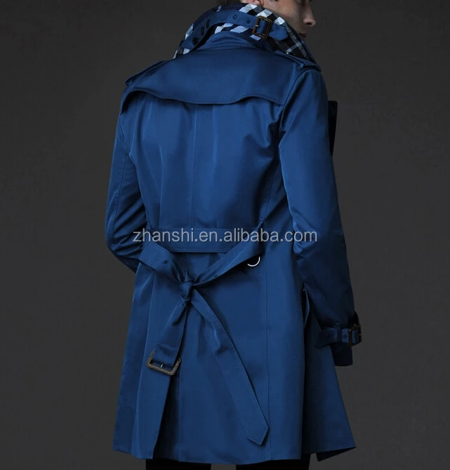 Customized Top Brand European Style Belt Man Slim Blue Trench Coat