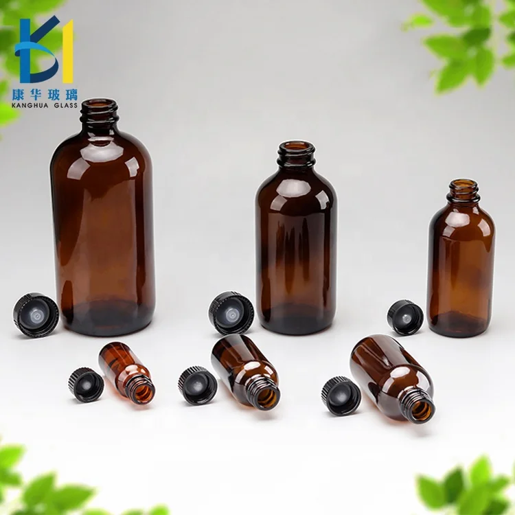 500ml 240ml 4oz Amber Boston Round Glass Bottle with Black Lid