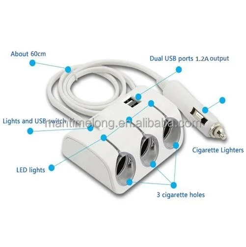 12v car cigarette lighter socket plug adapter with dual USB port