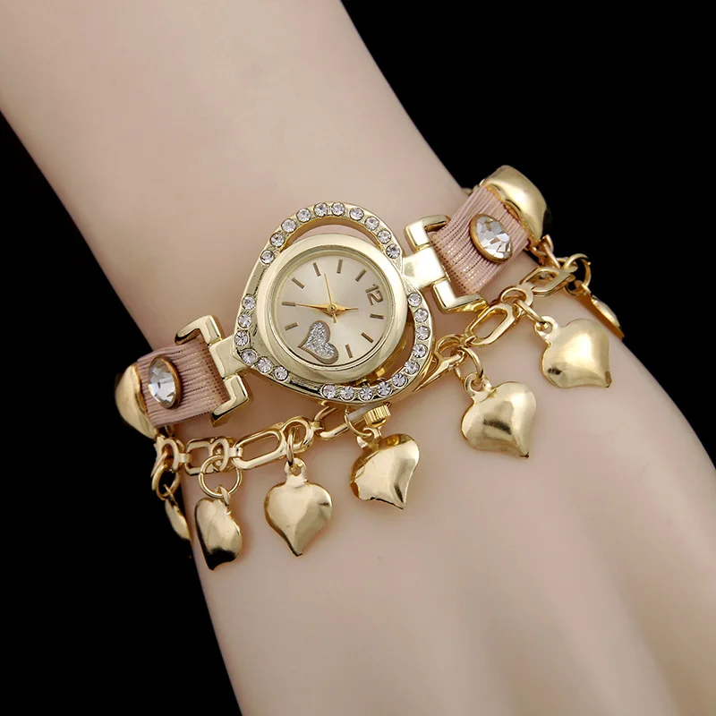 
2017 New Fashion Casual Luxury Jewelry Watches Women Rhinestone Hearts Dress Pendant Chain Quartz Watch 