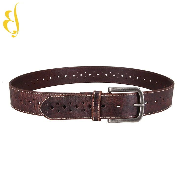 Custom Perforated casual men belt Vintage Genuine Full Grain Leather Belt with single needle buckle